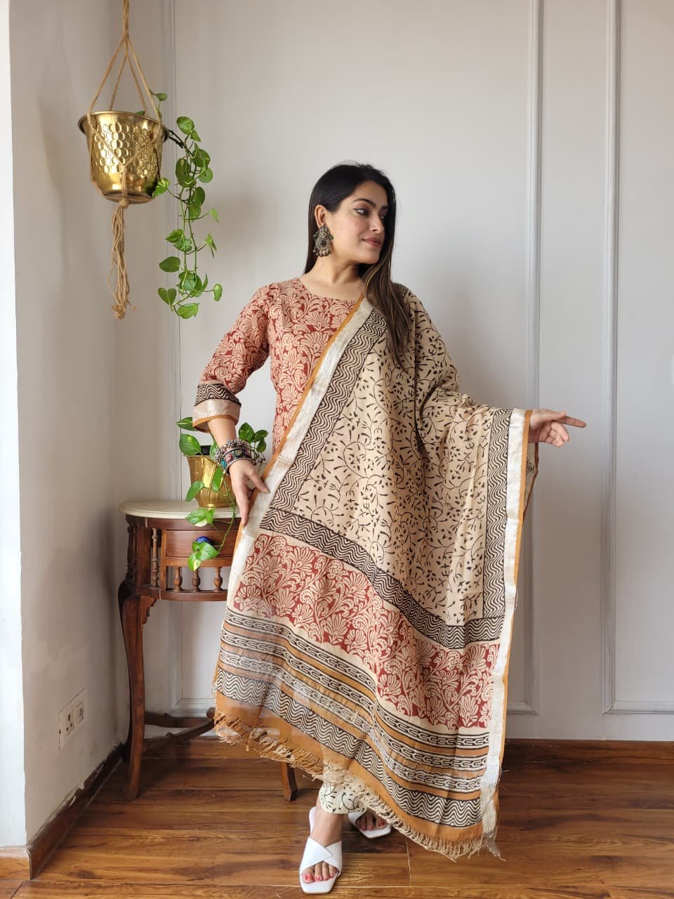 Red Bagru Hand Block Printed Linen Suit Set